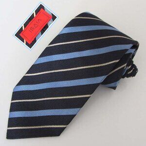 ISAIA Napoli 7 Fold navy striped pattern tie 100% silk Italy